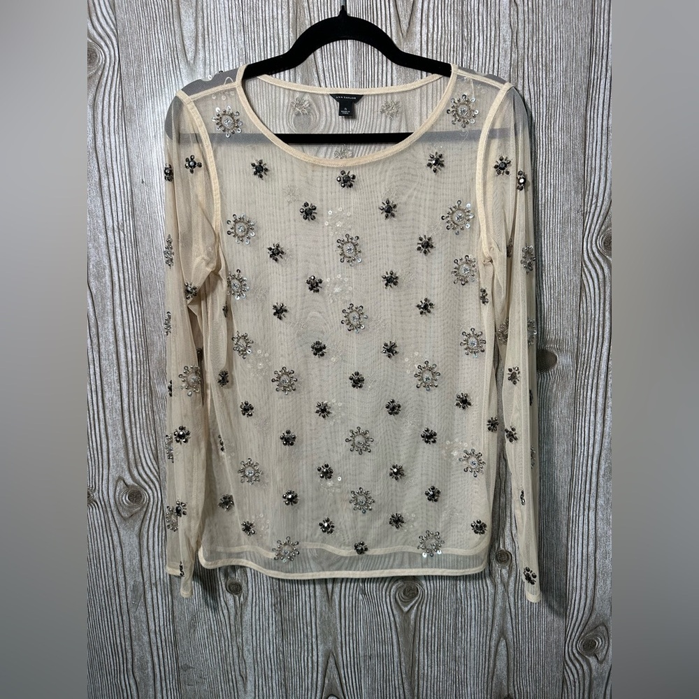 $128 Ann Taylor Nude Beaded Mesh Top Sz Small - Picture 5 of 7